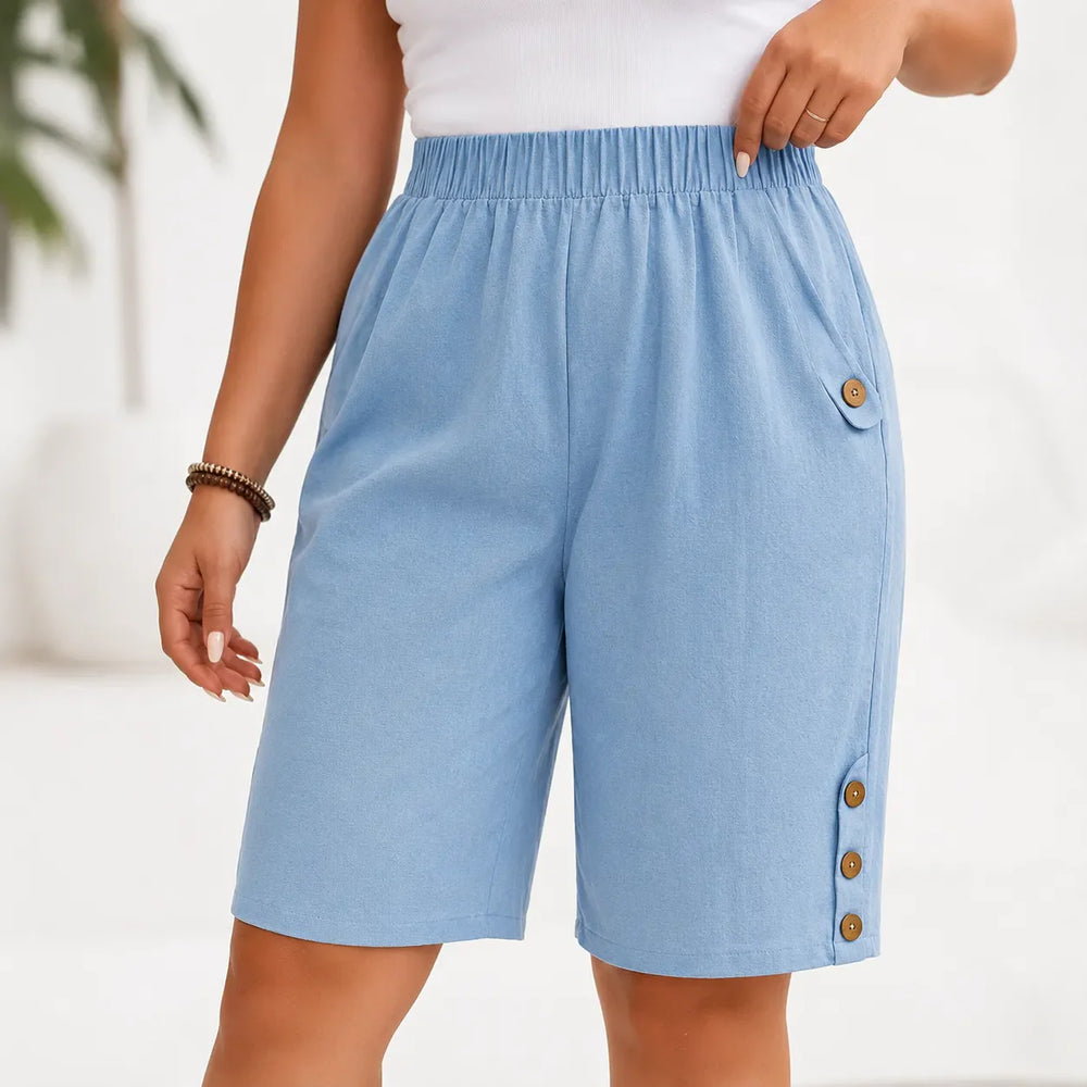 Velora – Plus Size Elastic Waist Capri Pants with Side Button Detail