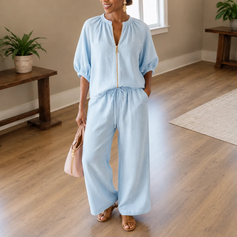 Lunavia – Puff Sleeve Wide Leg Matching Set with Drawstring Waist