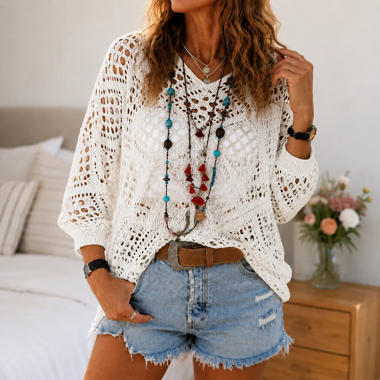Marigrove – Bohemian Hollow-Knit V-Neck Crochet Top for Women