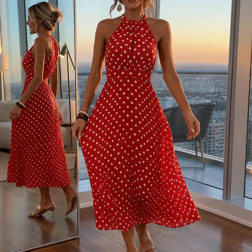 Soliana – Pleated Polka Dot Halter Midi Dress for Women