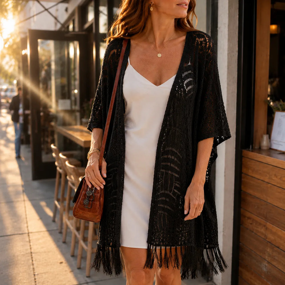 Solenne – Oversized Crochet Tassel Kimono Cardigan for Women