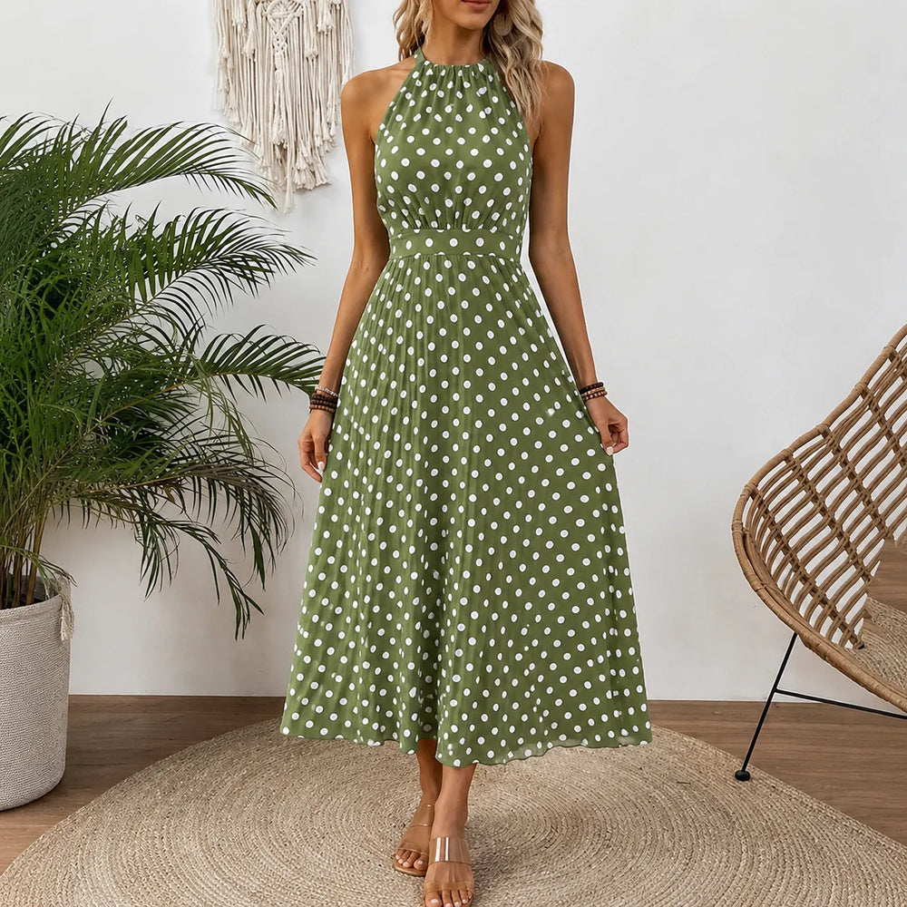 Soliana – Pleated Polka Dot Halter Midi Dress for Women