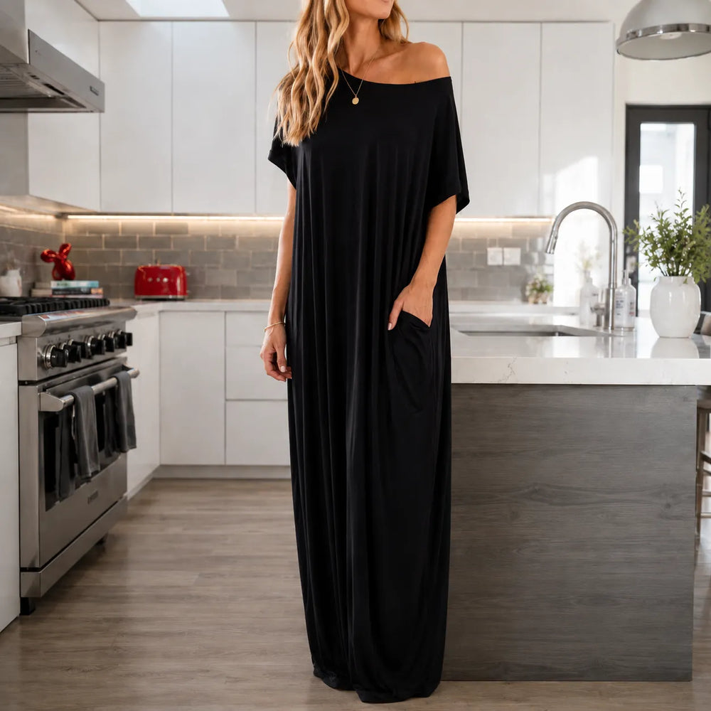 Solenne – Off-Shoulder Drape Maxi Dress with Side Pockets, Soft Viscose Throw-On Summer Dress