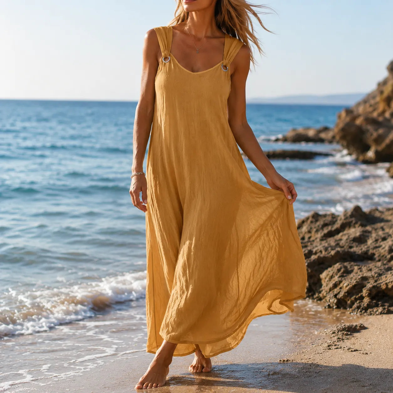 Solenza – Ribbed V-Neck Ring Strap Maxi Dress