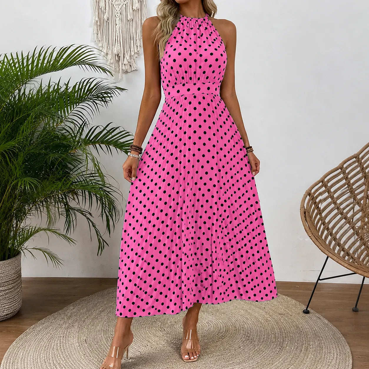 Soliana – Pleated Polka Dot Halter Midi Dress for Women