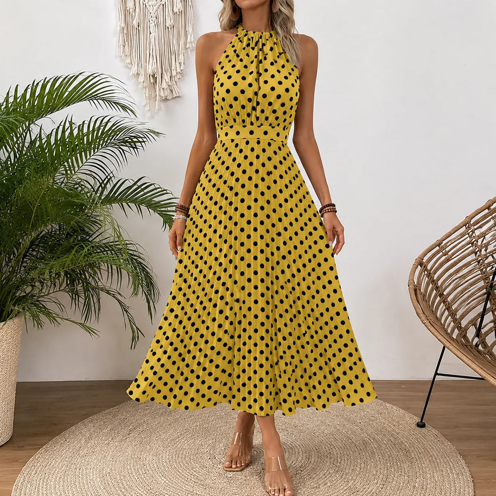 Soliana – Pleated Polka Dot Halter Midi Dress for Women