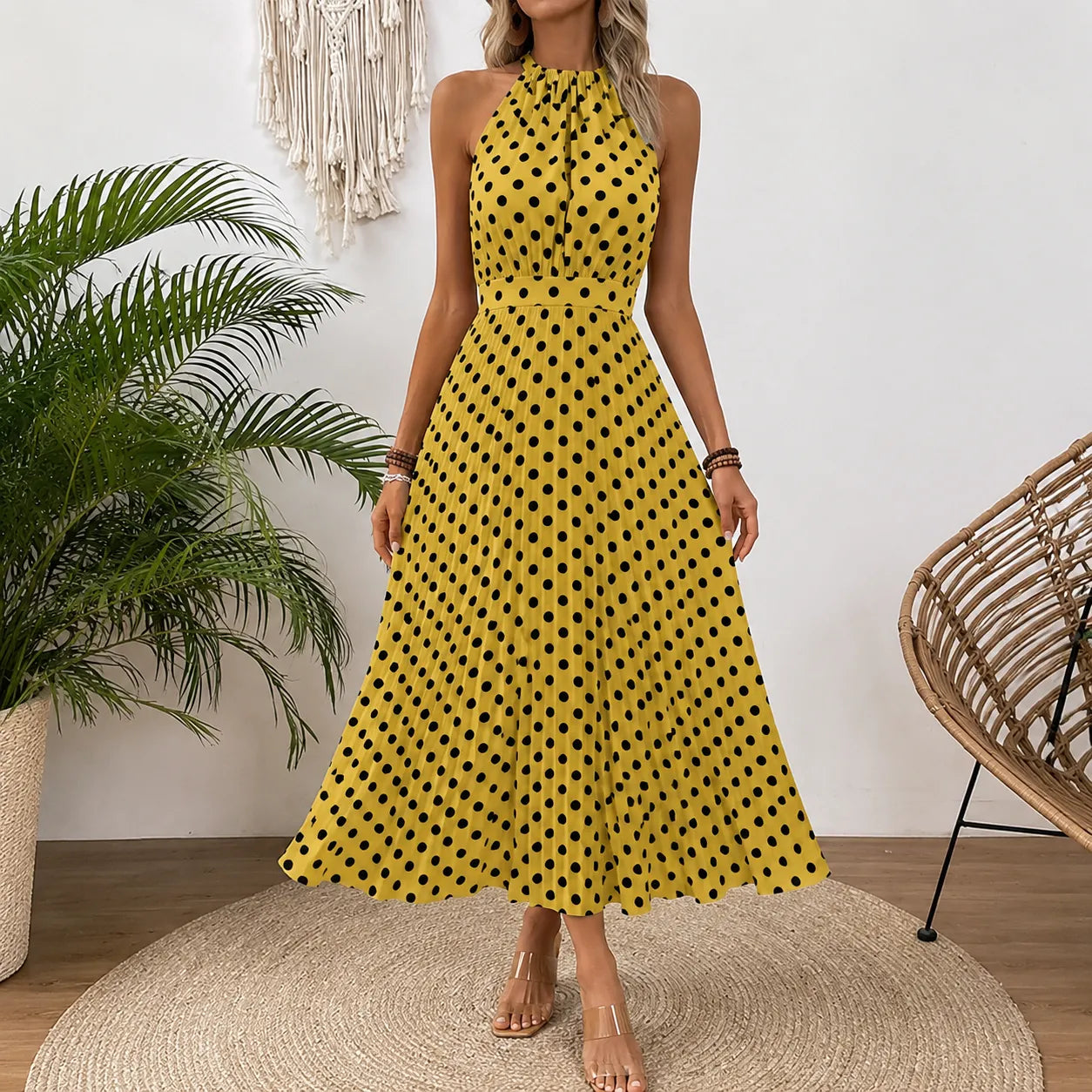 Soliana – Pleated Polka Dot Halter Midi Dress for Women