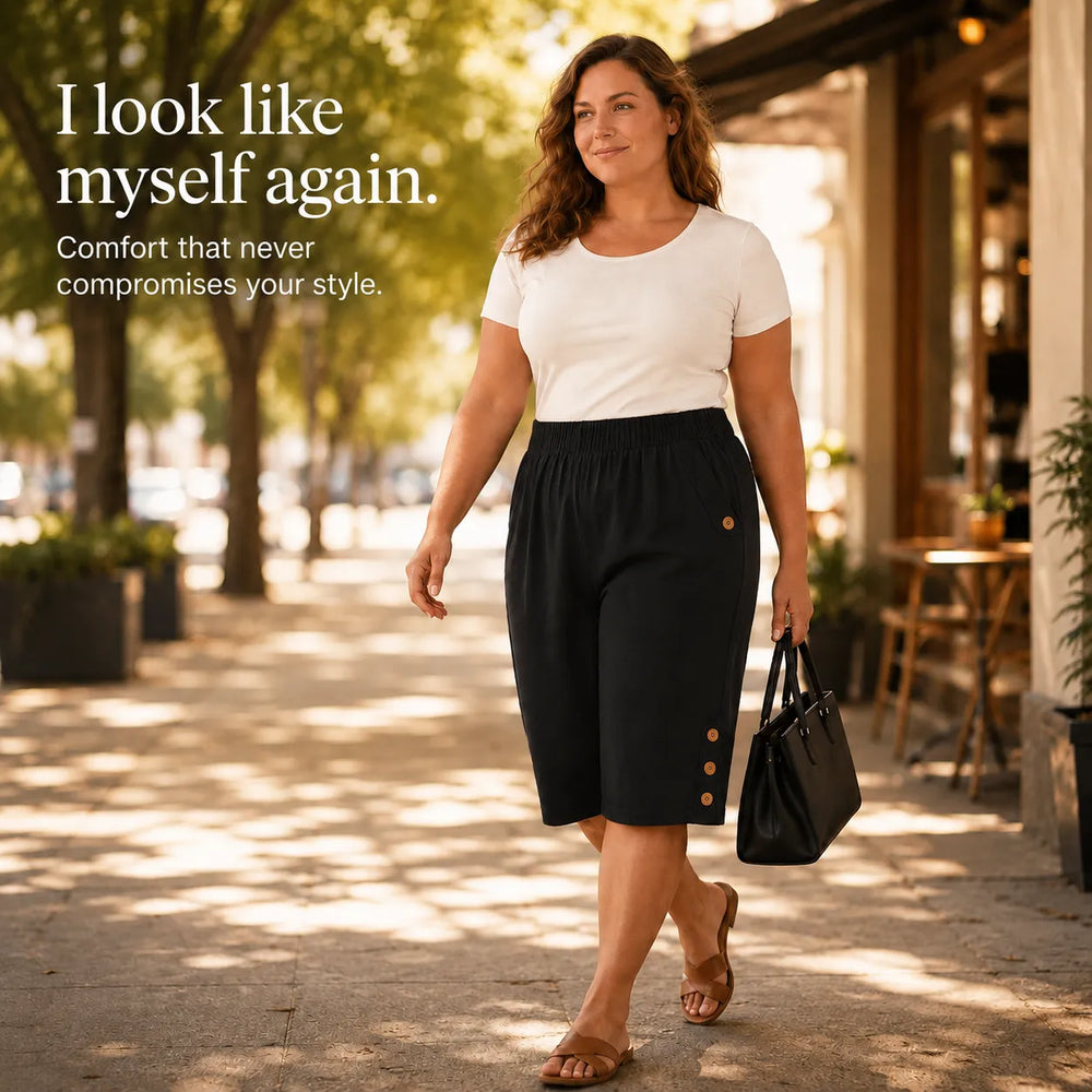 Velora – Plus Size Elastic Waist Capri Pants with Side Button Detail