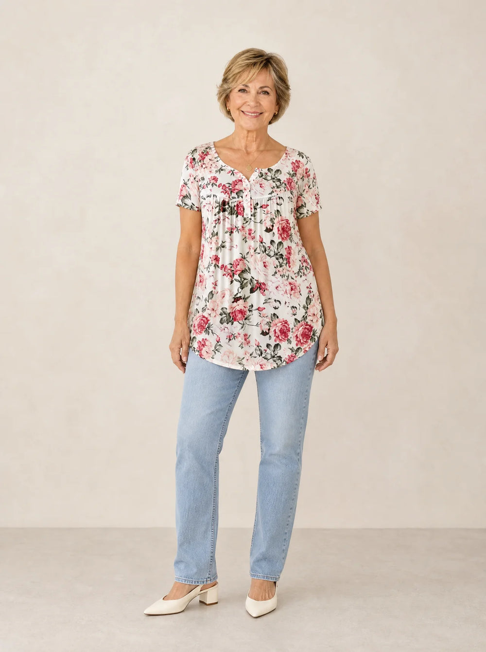 Florenza – Women's Floral Pleated Henley Tunic Top, Flowy Short Sleeve V-Neck Button Up Shirt for Jeans