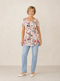 Florenza – Women's Floral Pleated Henley Tunic Top, Flowy Short Sleeve V-Neck Button Up Shirt for Jeans