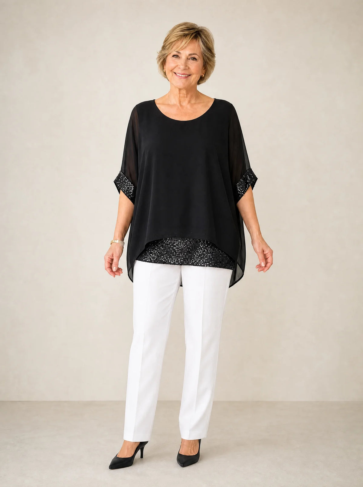Lunara – Women's Sequin Trim Layered Chiffon Top