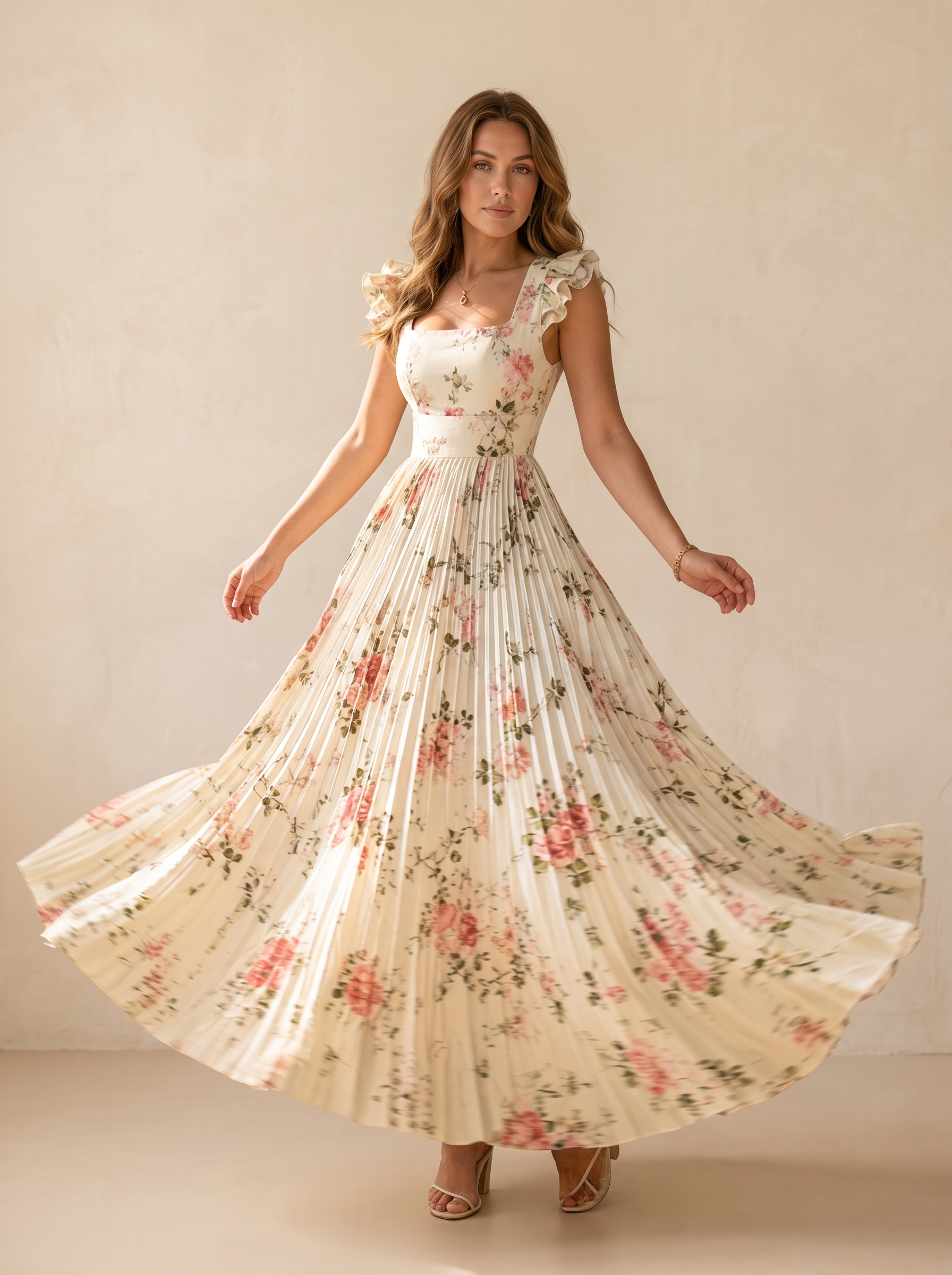 Florelle – Women's Square-Neck Floral Pleated Maxi Dress