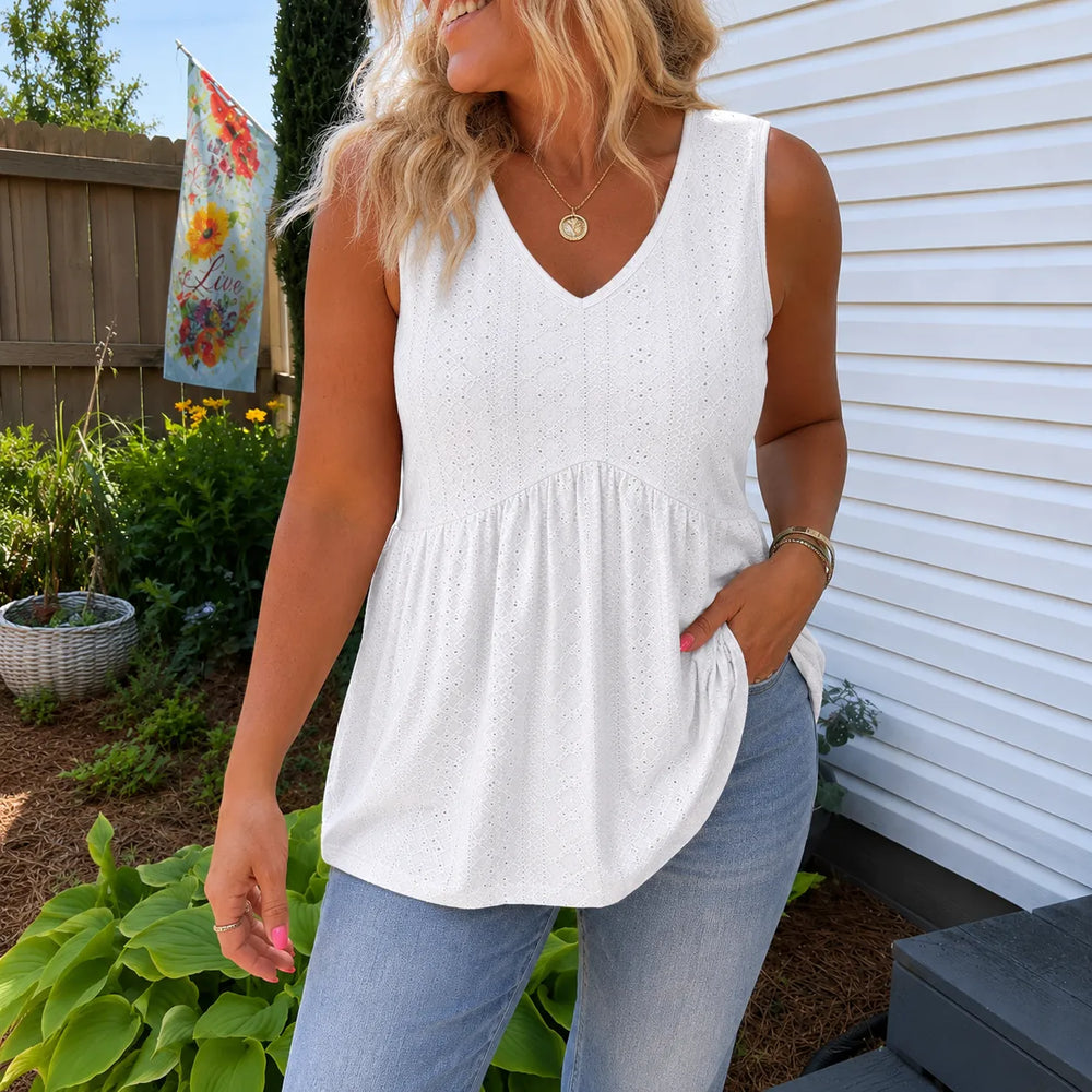 Florelle – Eyelet Peplum V-Neck Tank Top for Women, Flowy Sleeveless Summer Top