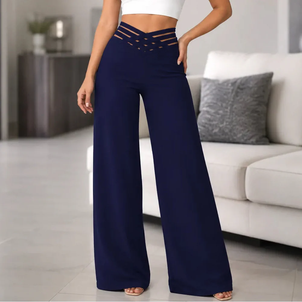 Vélane – High-Waisted Wide-Leg Pants with Cross-Strap V-Waist