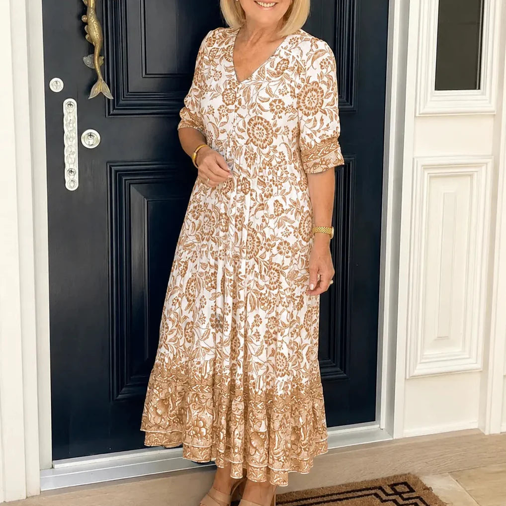 Florenza – Boho V-Neck Floral Midi Dress with Tiered Hem