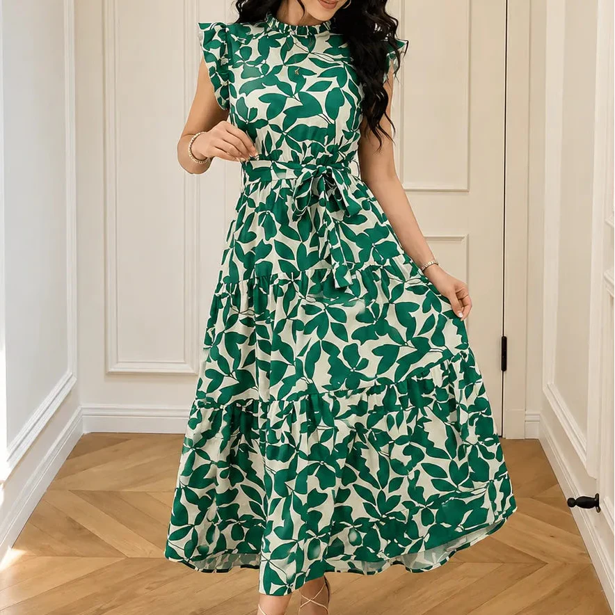 Sunlura – Flutter Sleeve Tie Waist Tiered Midi Dress, Summer Floral Print, Women's Casual Dress
