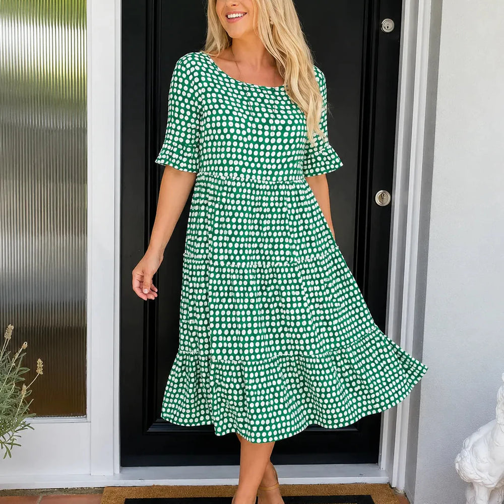 Soleluna – Tiered Polka Dot Midi Dress with Ruffle Sleeves