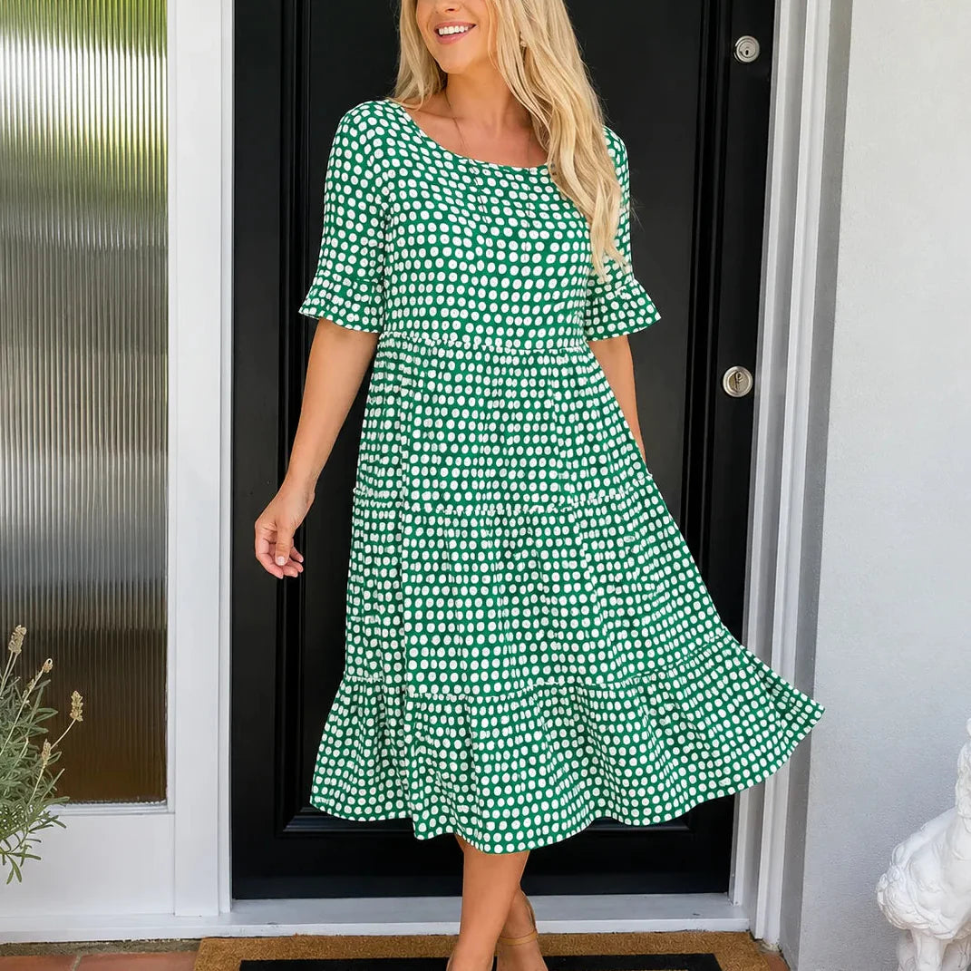 Soleluna – Tiered Polka Dot Midi Dress with Ruffle Sleeves