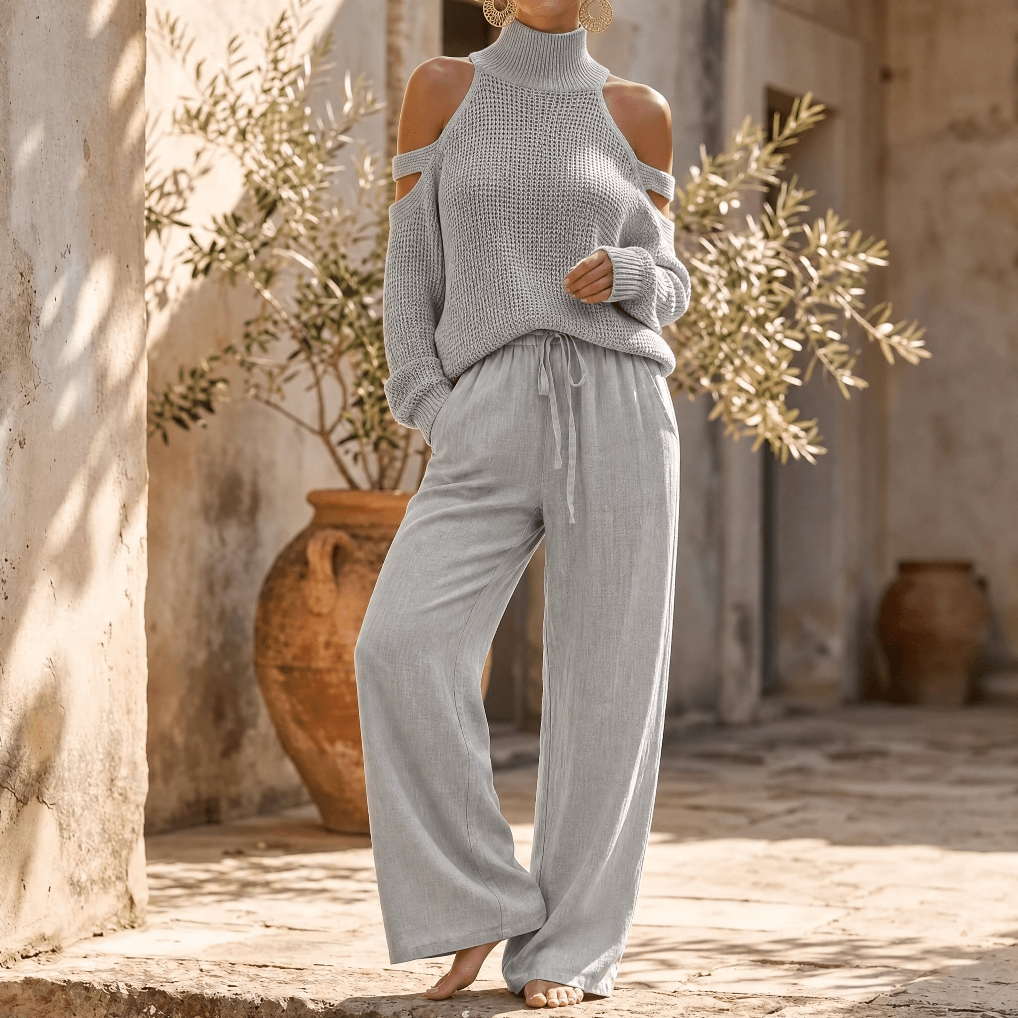 Alessia – Women's Cold-Shoulder Knit & Wide-Leg Set