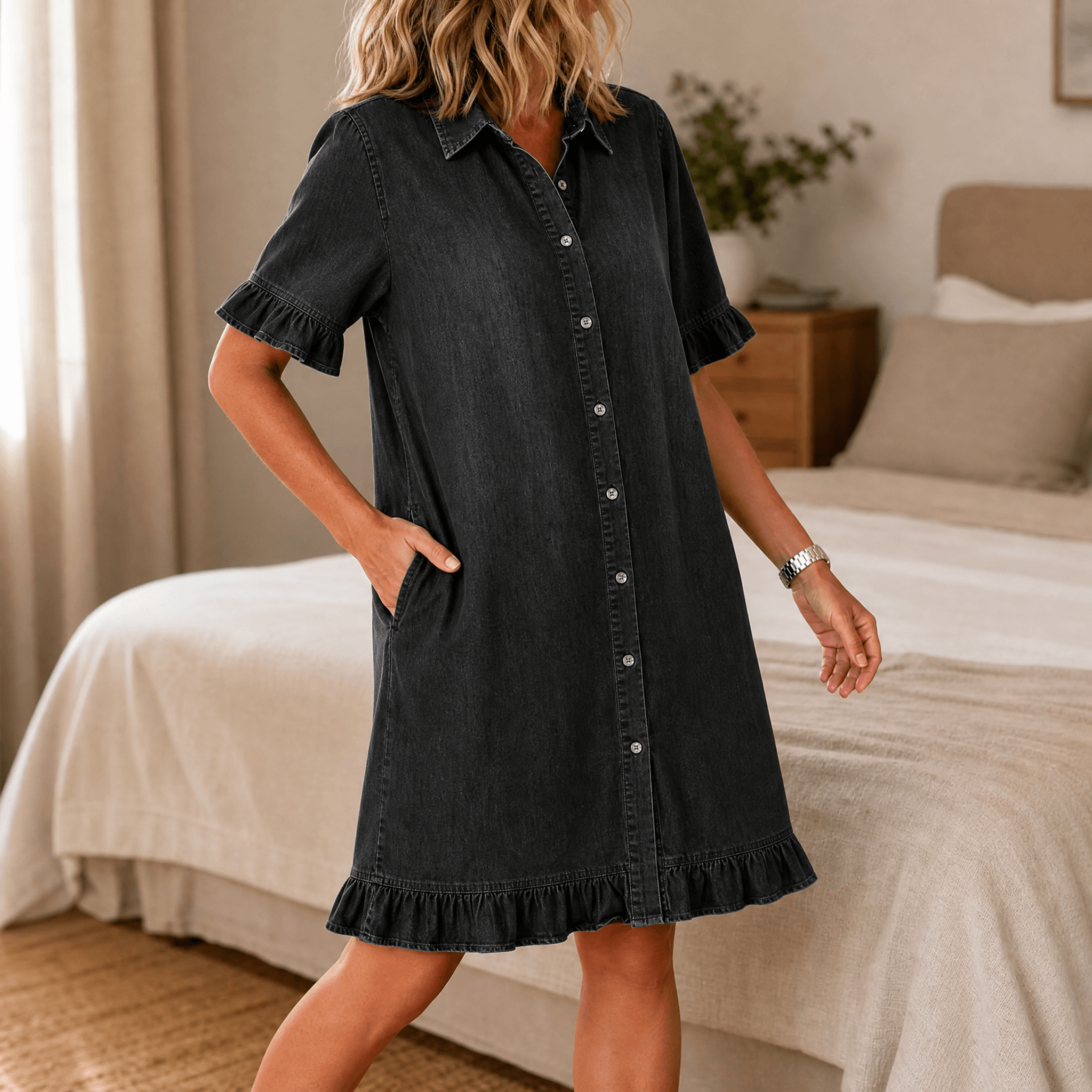 Aveline – Women's Soft Shirt Dress with Ruffle Hem