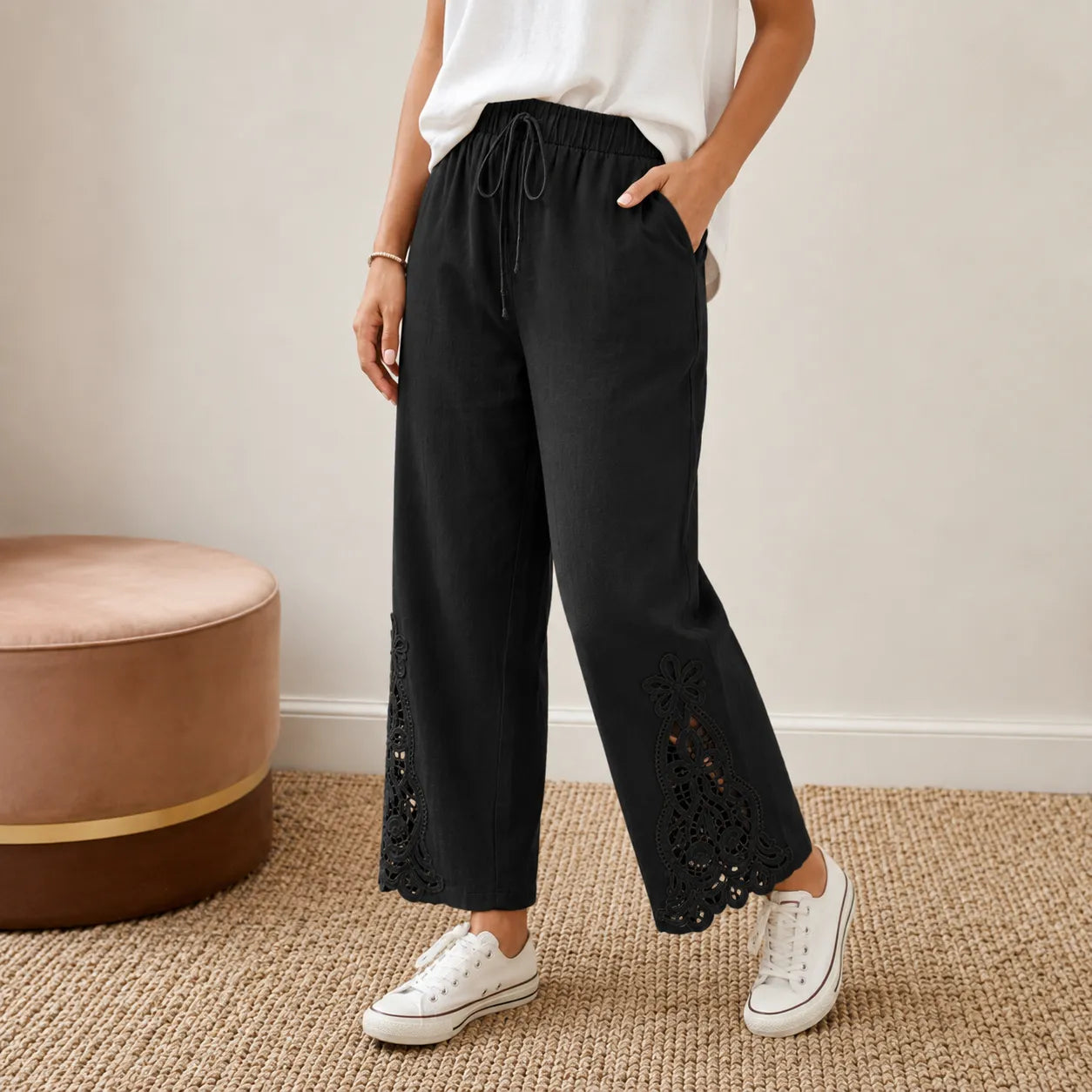Solenne – Women's Wide Leg Drawstring Pants with Floral Cutwork Hem