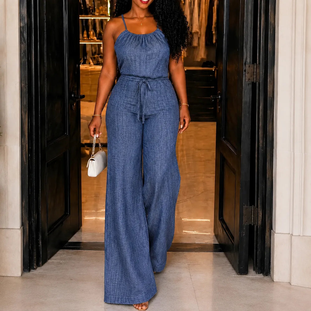 Soraya – Halter Wide-Leg Drawstring Jumpsuit, Summer Denim-Look