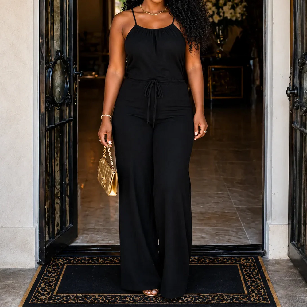 Soraya – Halter Wide-Leg Drawstring Jumpsuit, Summer Denim-Look