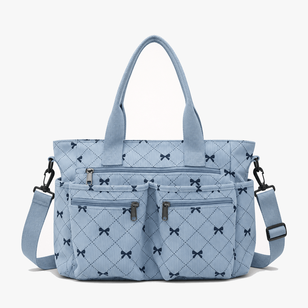 Bowette – Corduroy Bow-Print Tote with Laptop Pocket