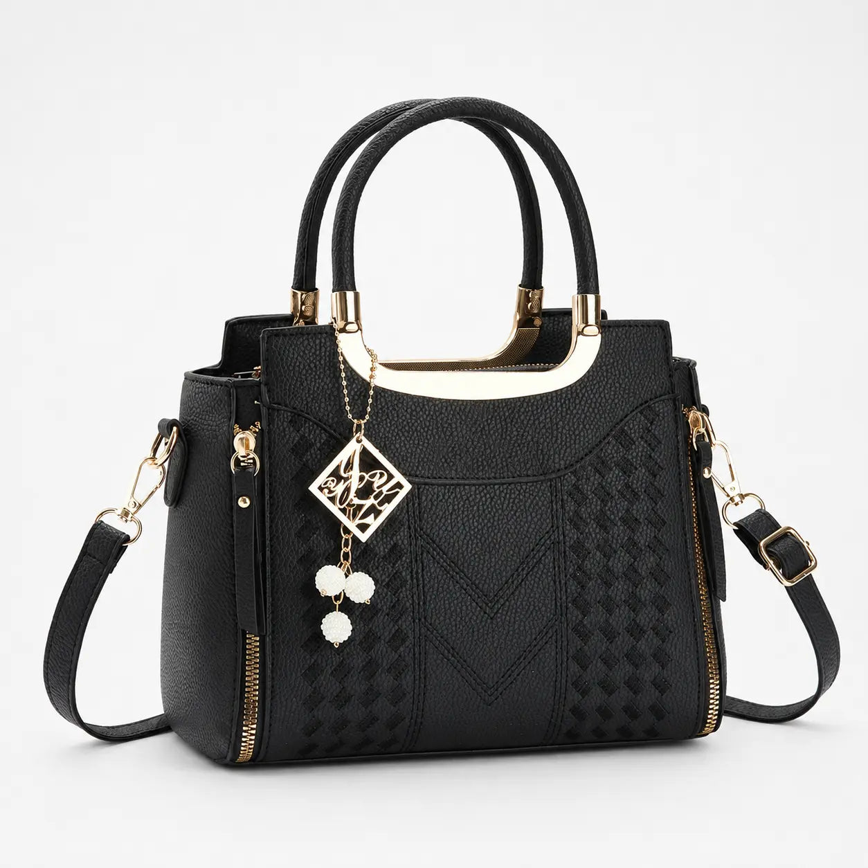 Velura – Structured Top Handle Satchel with Crossbody Strap, V-Stitch, Gold Hardware