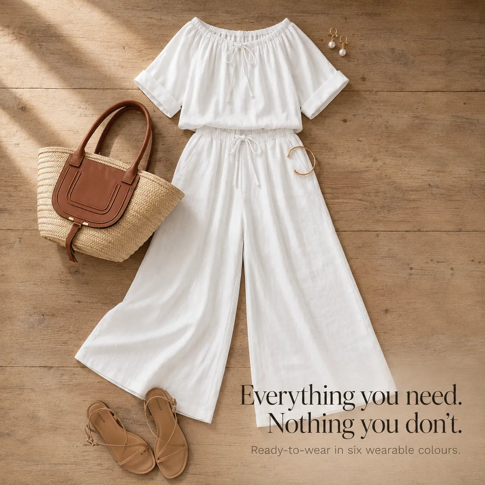 Soléne – Off-Shoulder Drawstring Top & Wide-Leg Pants 2-Piece Set