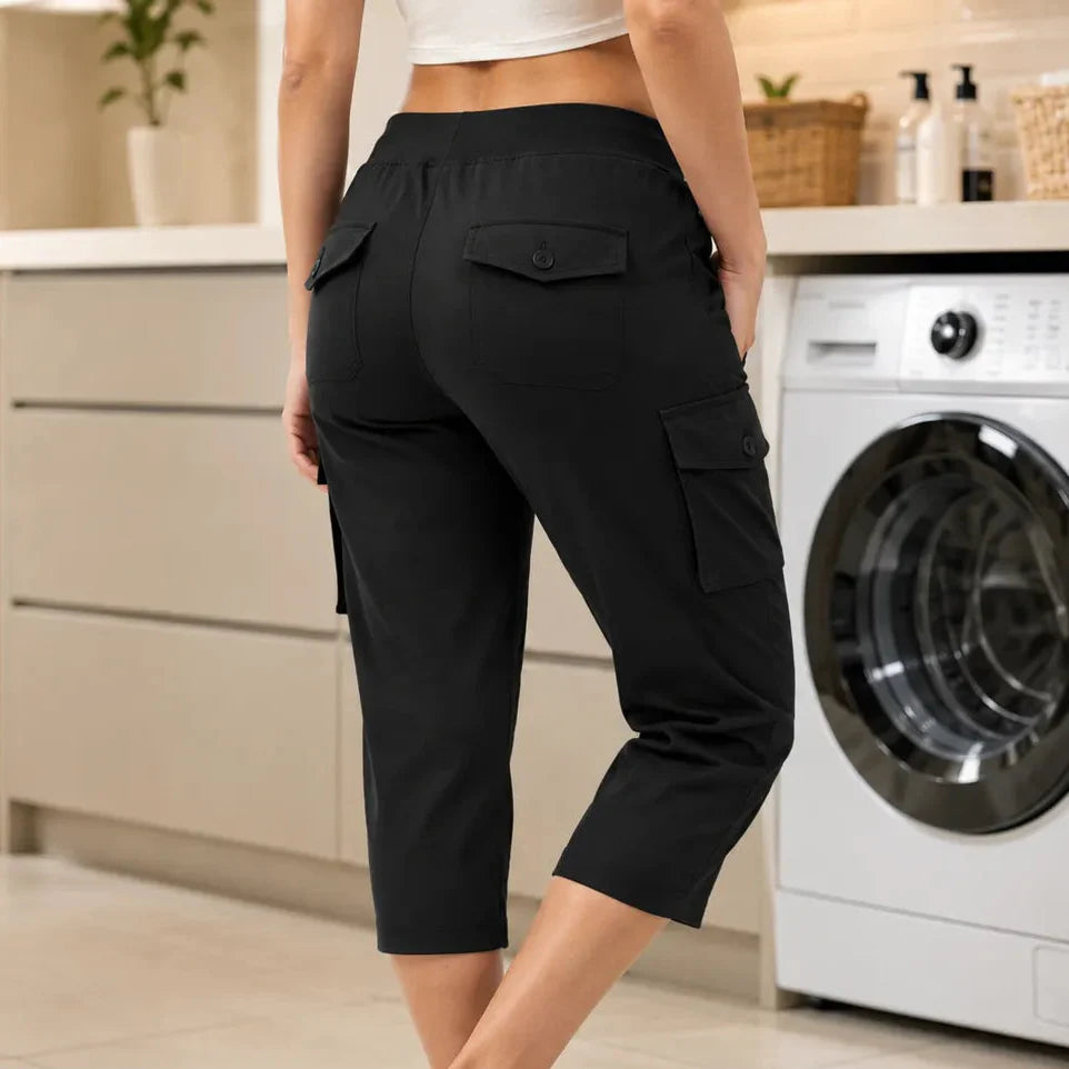 Wearwell – Stretchy Cargo Capris with Drawstring Waist and Multiple Pockets