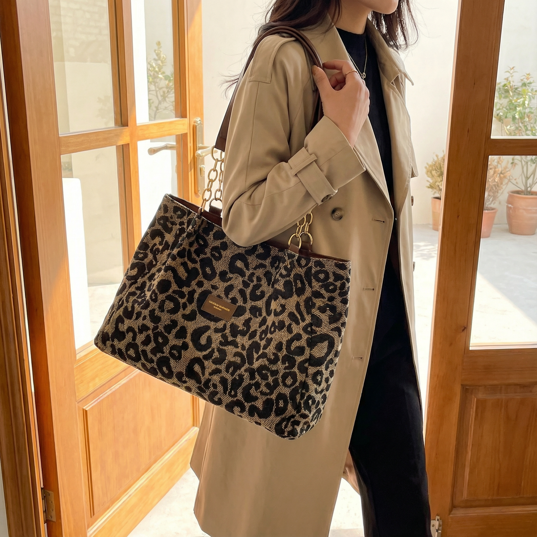 Lynxe - Leopard Print Tote with Chain Detail