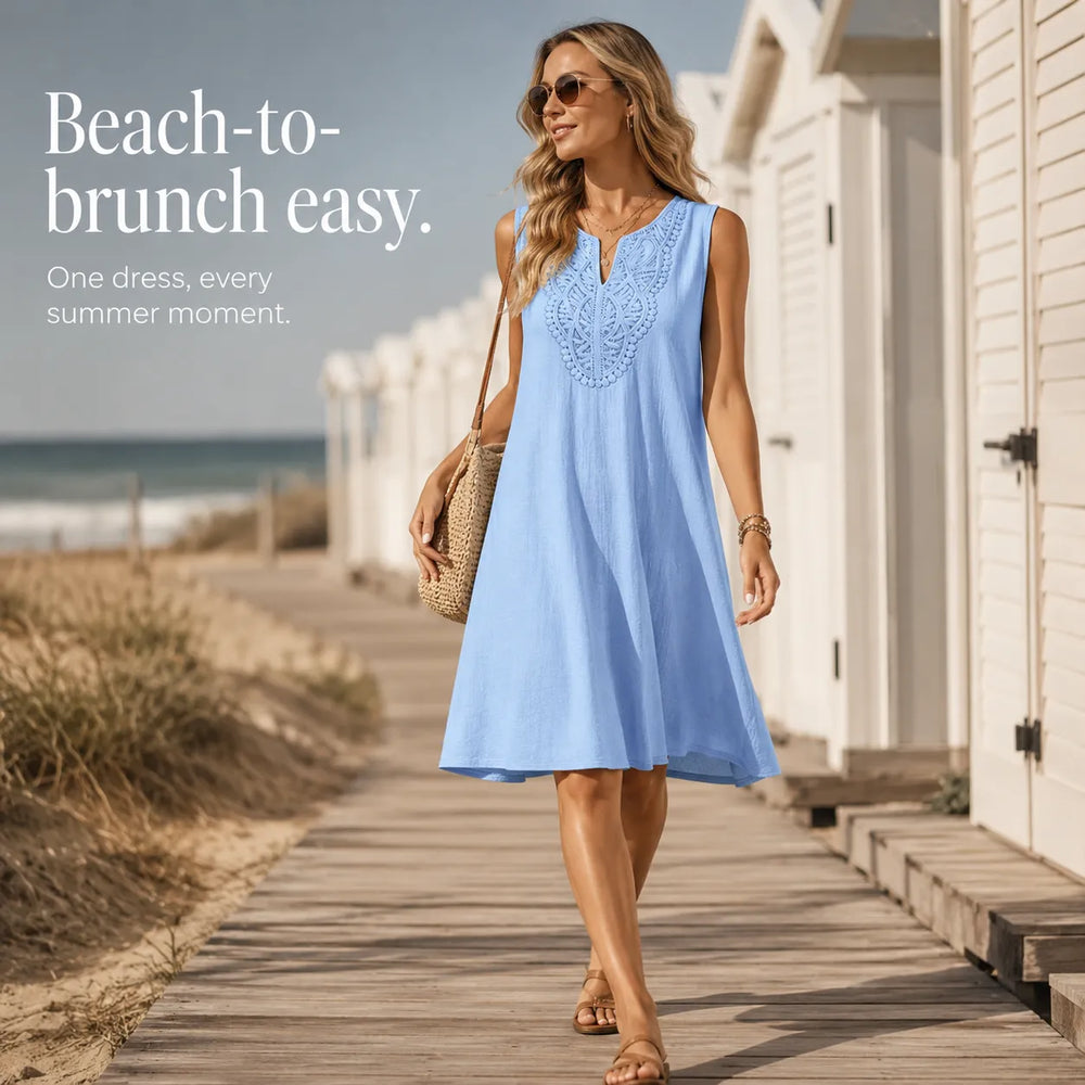 Solenne – Lace Trim V-Neck Linen-Look Summer Shift Dress