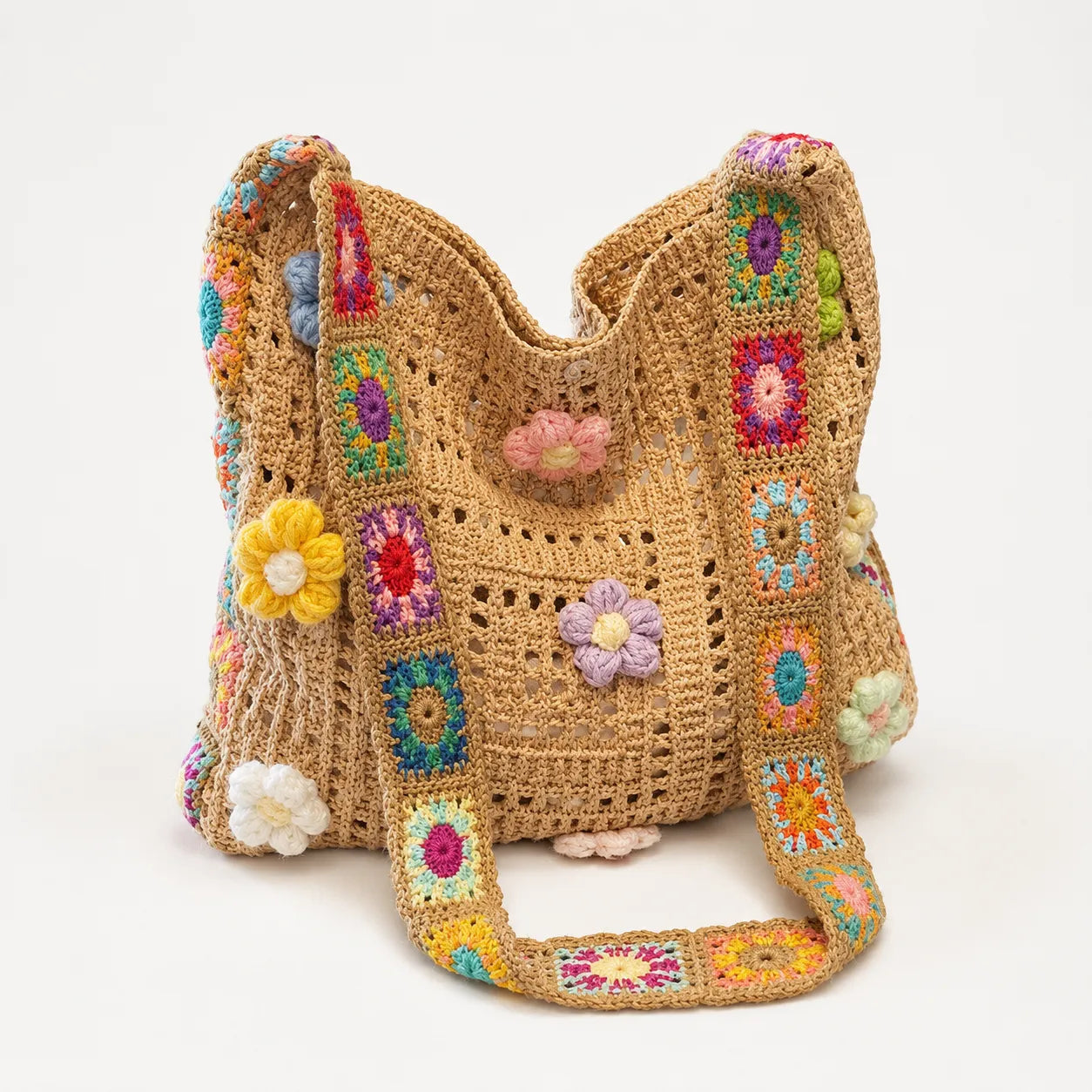 Florenza – Hand-Crocheted Floral Shoulder Bag for Women, Boho Granny-Square Tote with 3D Flowers