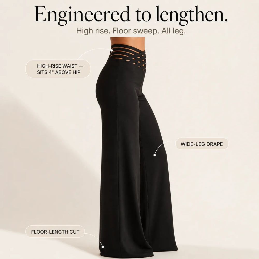 Vélane – High-Waisted Wide-Leg Pants with Cross-Strap V-Waist