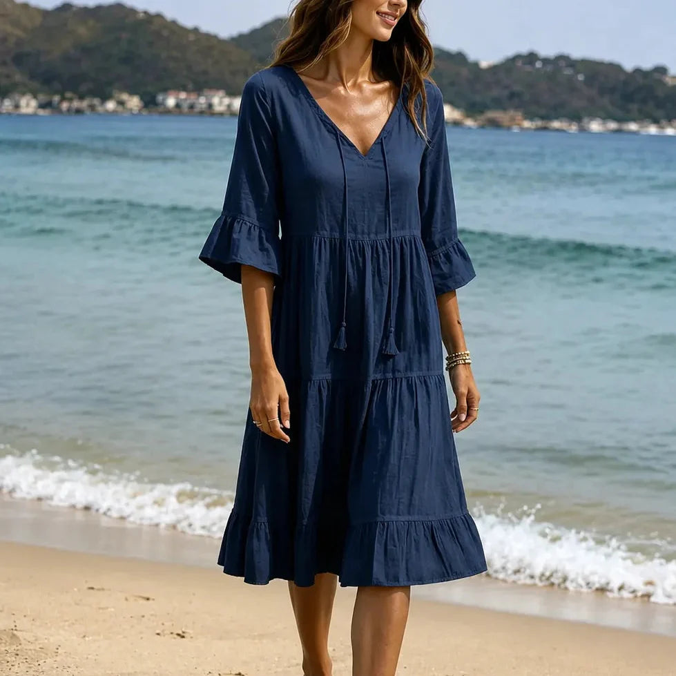 Soleia – Flowy Tiered V-Neck Midi Dress with Tassel Tie, Soft Feel, Half Sleeve