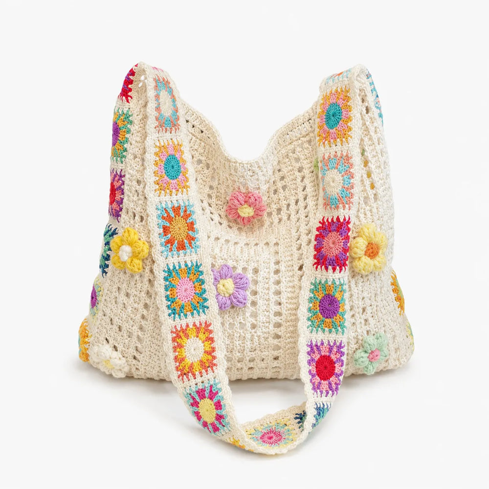Florenza – Hand-Crocheted Floral Shoulder Bag for Women, Boho Granny-Square Tote with 3D Flowers