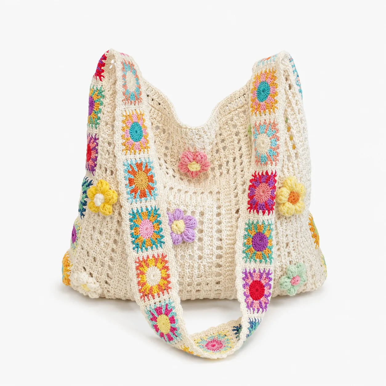 Florenza – Hand-Crocheted Floral Shoulder Bag for Women, Boho Granny-Square Tote with 3D Flowers