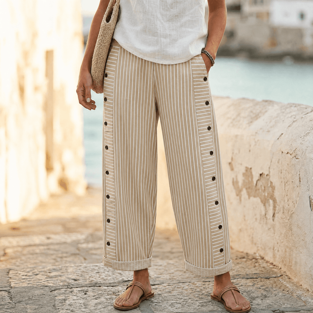 Coastlyn – Women's Striped Cotton Pants with Button Trim