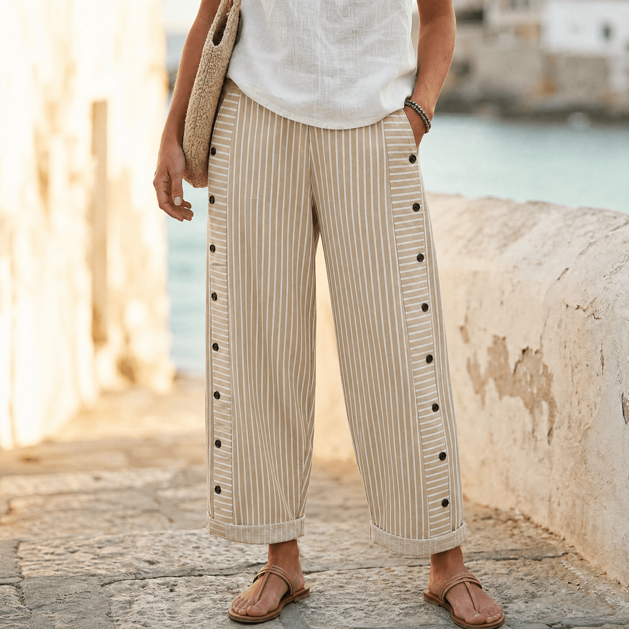 Coastlyn – Women's Striped Cotton Pants with Button Trim