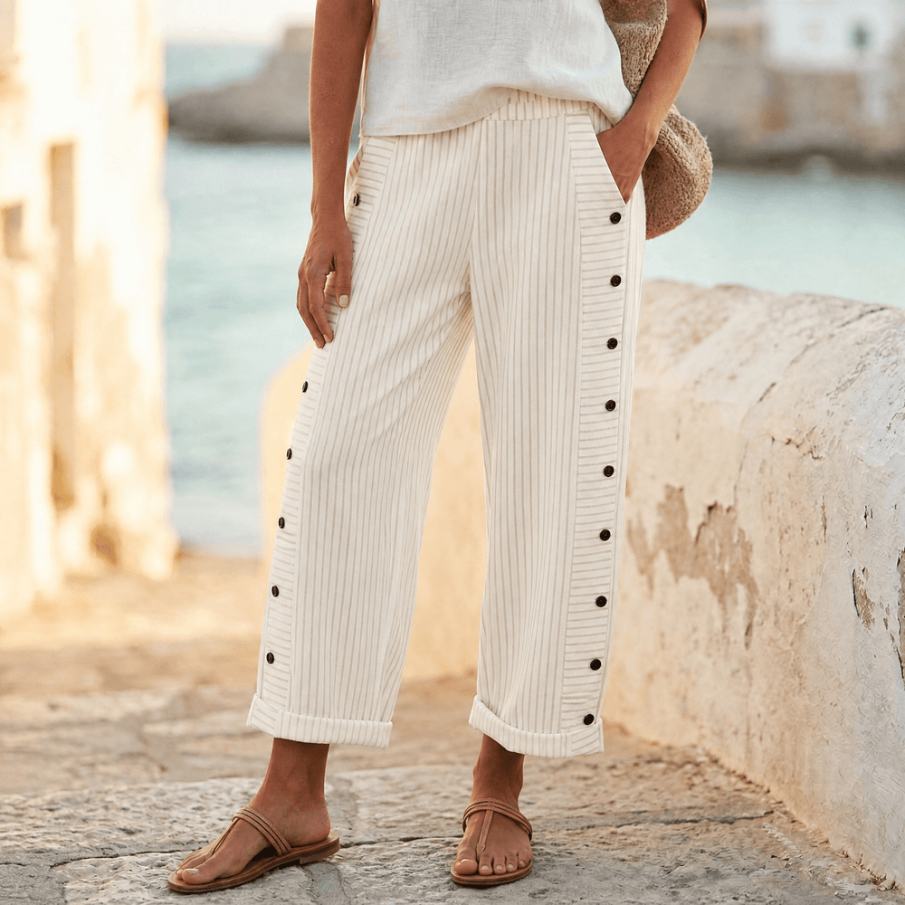 Coastlyn – Women's Striped Cotton Pants with Button Trim