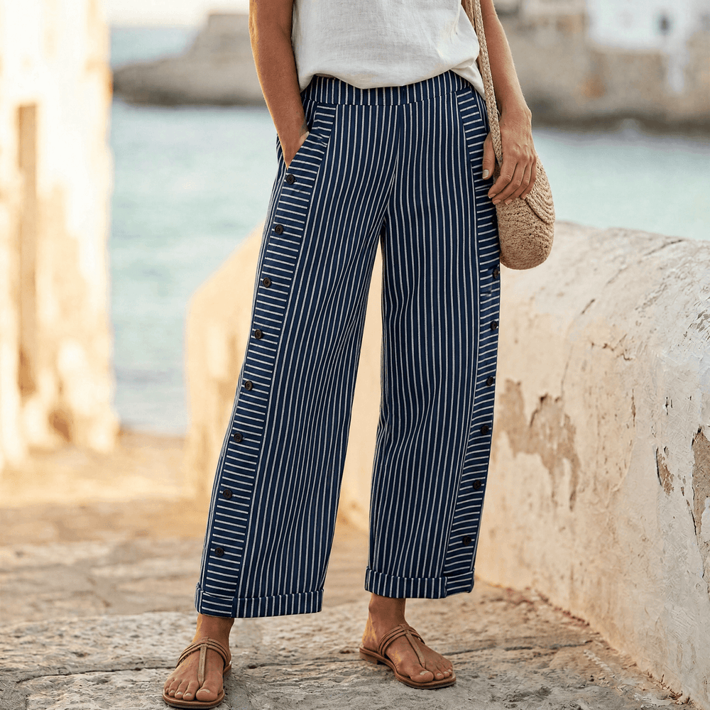 Coastlyn – Women's Striped Cotton Pants with Button Trim