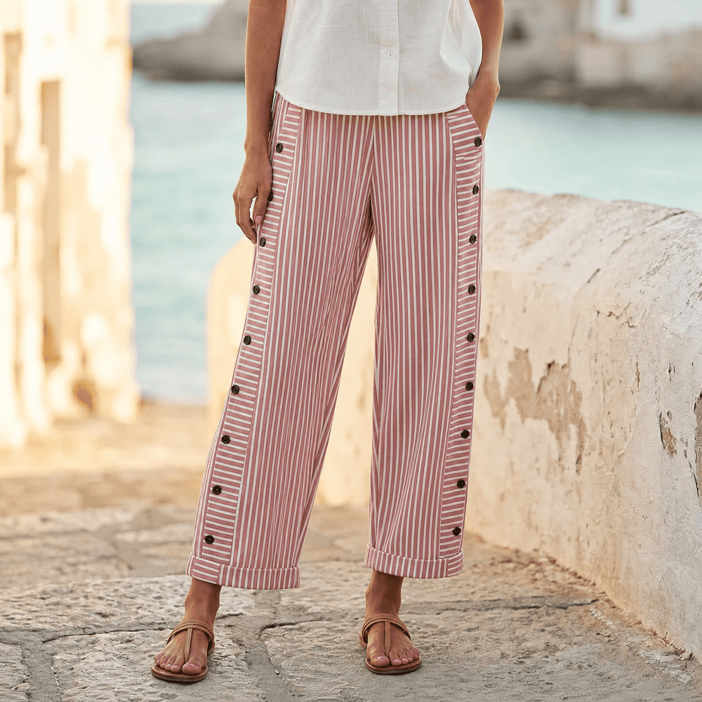 Coastlyn – Women's Striped Cotton Pants with Button Trim