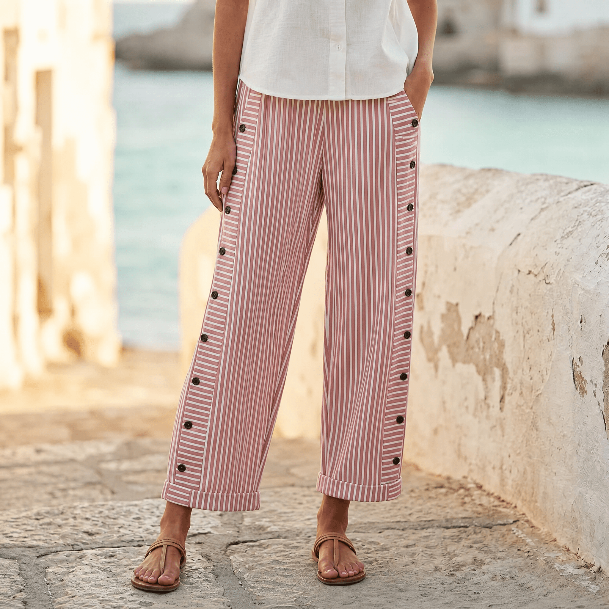 Coastlyn – Women's Striped Cotton Pants with Button Trim