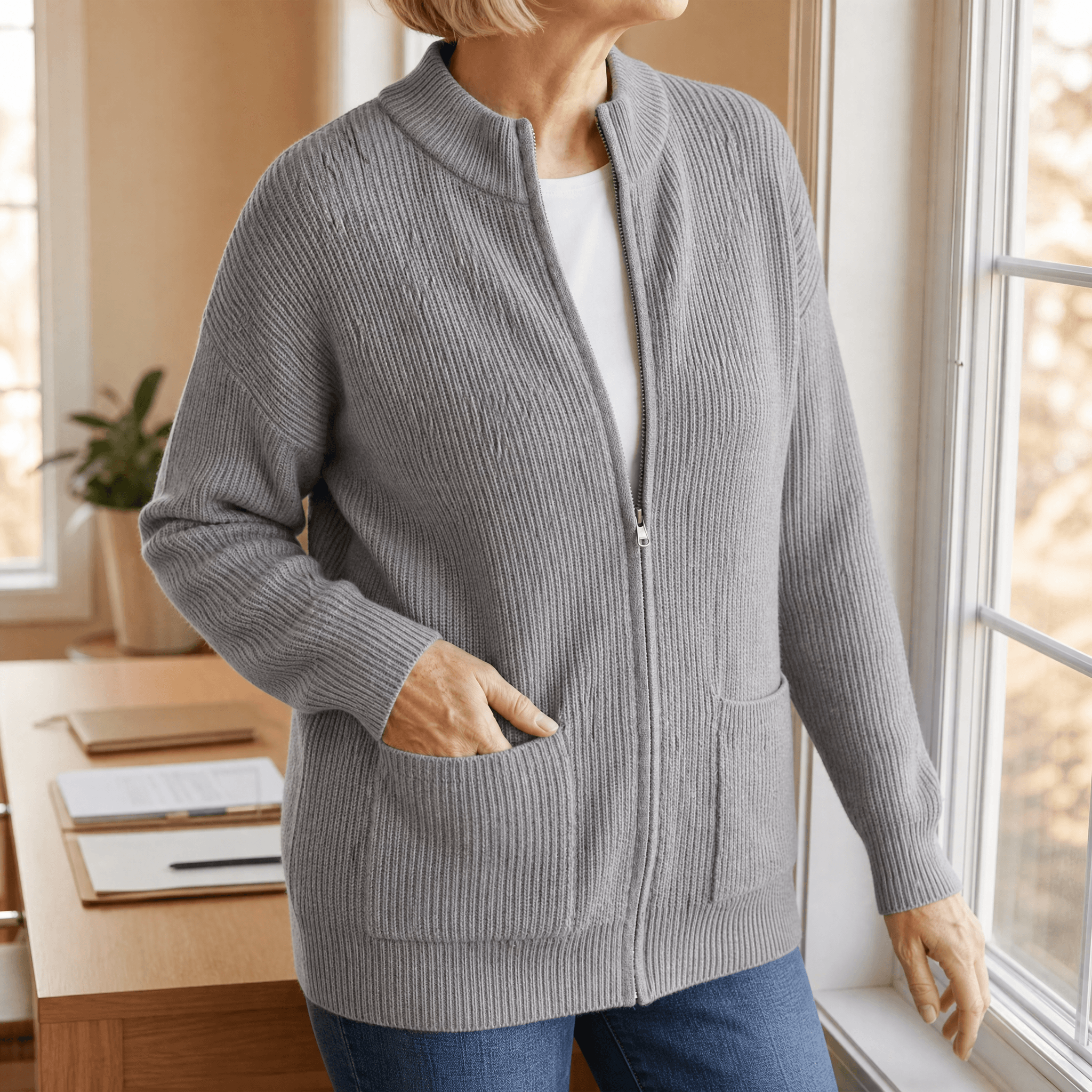 Covena – Soft Knit Zip Up Cardigan with Pockets