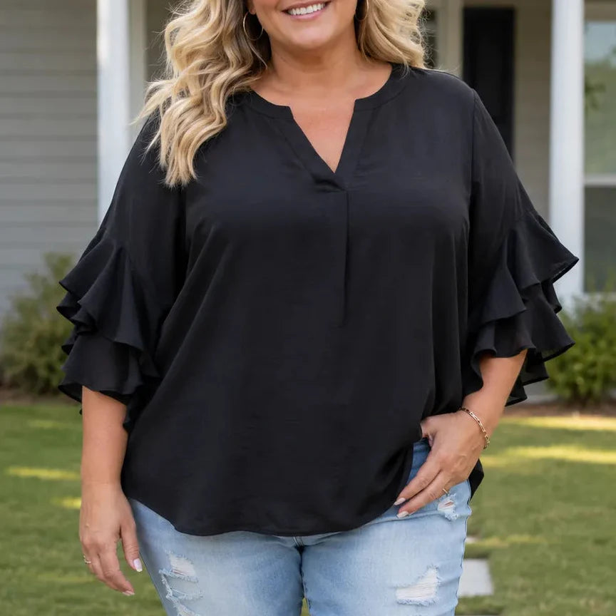 Vivelyn – Women's V-Neck Ruffle Sleeve Blouse, Flowy Casual Top in 4 Colors