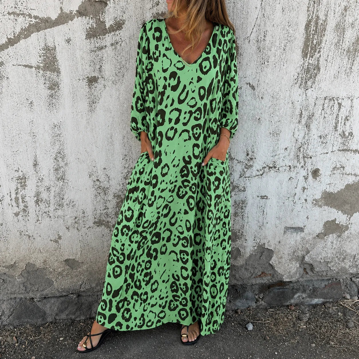 Lunavia – Leopard Print V-Neck Maxi Dress with Pockets, Loose Kaftan Fit, 4 Colors