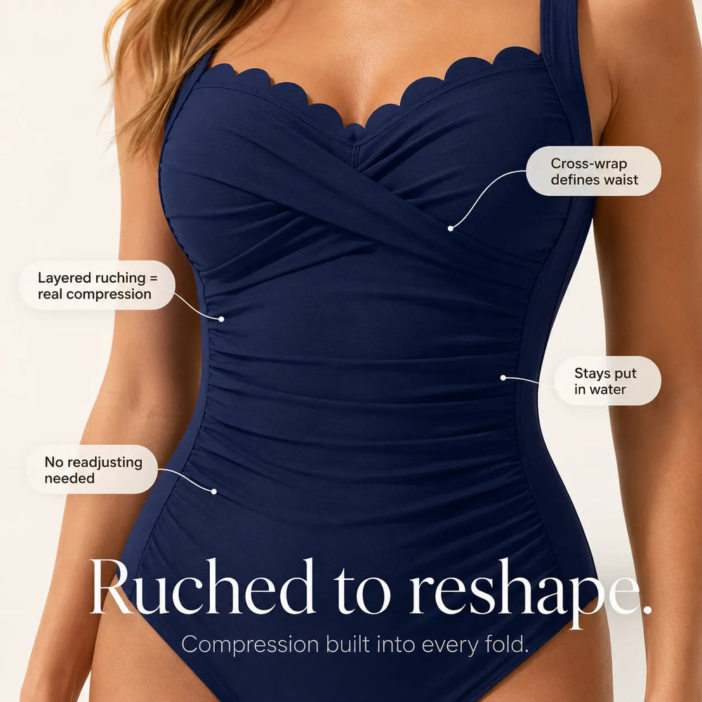 Marenza – Scalloped Cross-Wrap Tummy Control One-Piece Swimsuit
