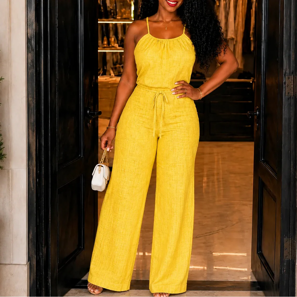 Soraya – Halter Wide-Leg Drawstring Jumpsuit, Summer Denim-Look