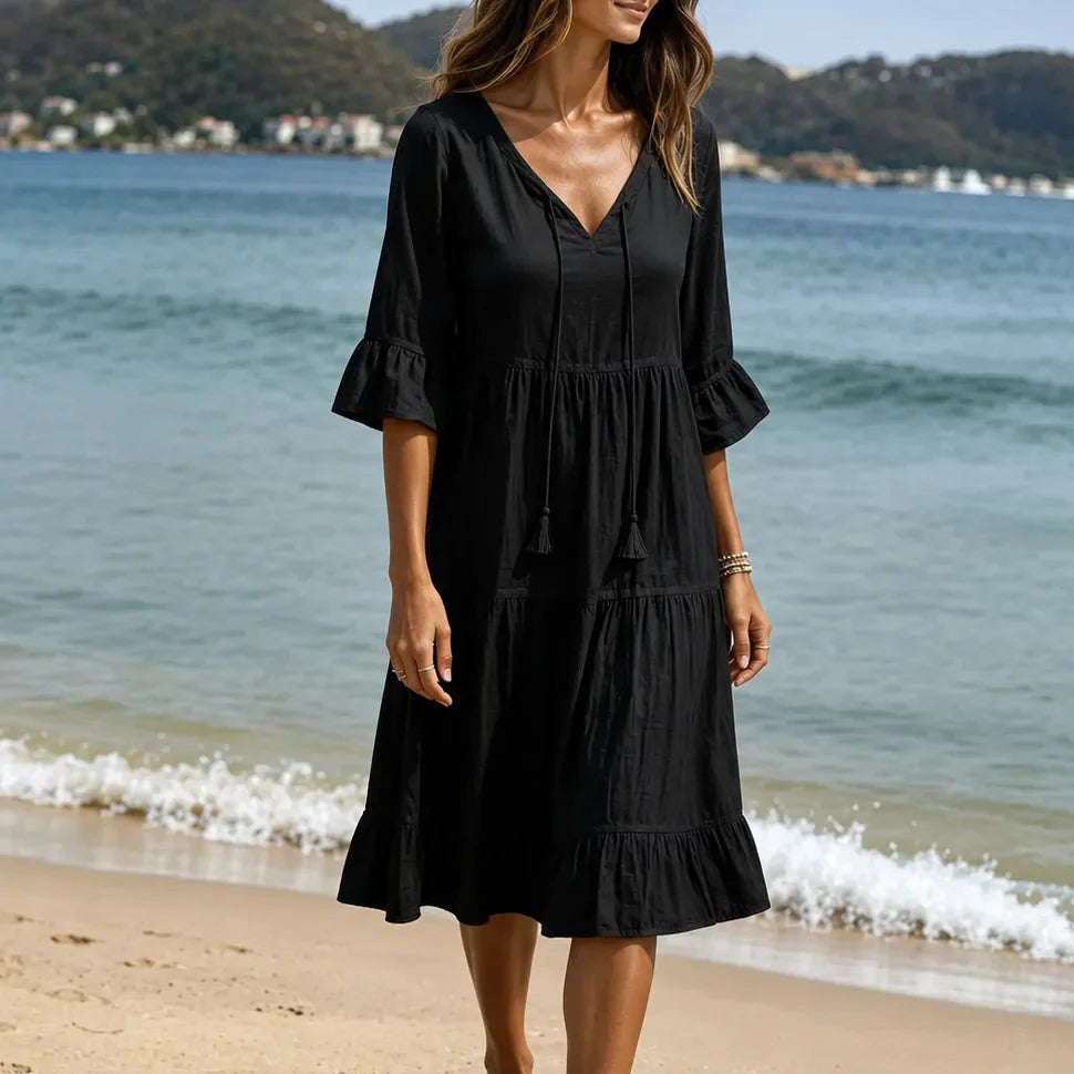 Soleia – Flowy Tiered V-Neck Midi Dress with Tassel Tie, Soft Feel, Half Sleeve